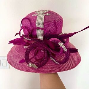 NWT CORTI Italy Wide‎ Brim Rhinestone Feather Church Wedding Formal Hat Pink Vtg